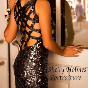 Grey sequined prom or cocktail dress